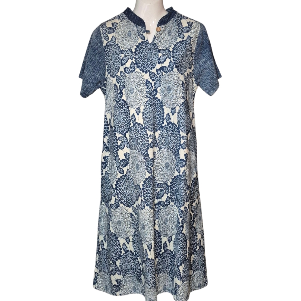 Home Made Dress Women's Large XL Light Denim Midi Short Sleeve Blue Floral